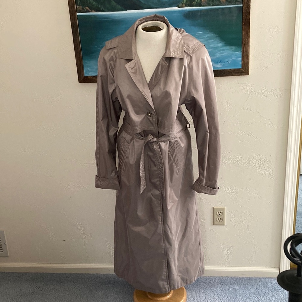 Taupe full length rain coat with tie belt and removable hood